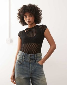 Motel Motel Jiwon keyhole polka lace top in black