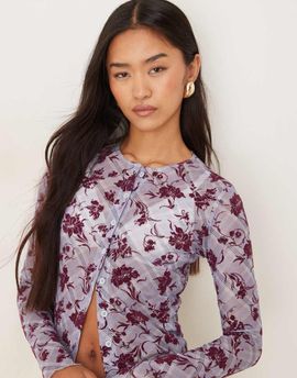 Motel Motel Kahula long sleeve lotus flock top in lavender plaid-Purple