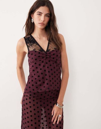 Motel Motel Kasia V-neck lace polka dot top in maroon - part of a set-Purple