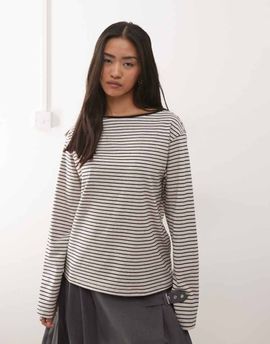 Motel Motel Kumiko long sleeve boat neck striped top in gray