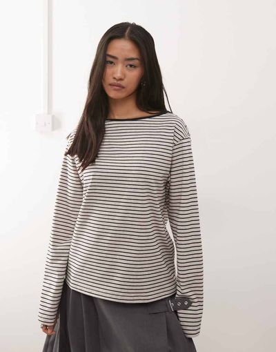 Motel Motel Kumiko long sleeve boat neck striped top in gray