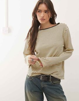 Motel Motel Kumiko long sleeve boat neck striped top in yellow