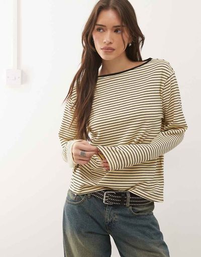 Motel Motel Kumiko long sleeve boat neck striped top in yellow