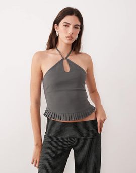 Motel Motel Lavena ruffle edged halter top in slate gray