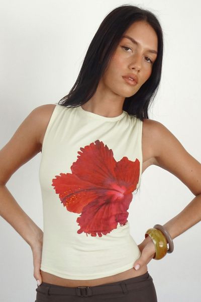 Motel Motel Leen Hibiscus Floral Vest Top Jacket in Yellow, Women's at Urban Outfitters
