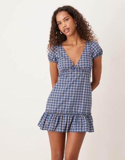 Motel Motel Marika tartan plaid mini dress in blue