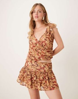 Motel Motel masama floral print ruffle chiffon mini skirt in rust - part of a set-Brown