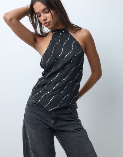 Motel Motel mercy sequin detail satin top in black