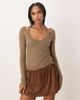 Motel Motel Misora sheer knit long sleeve halter top in taupe-Neutral - 1