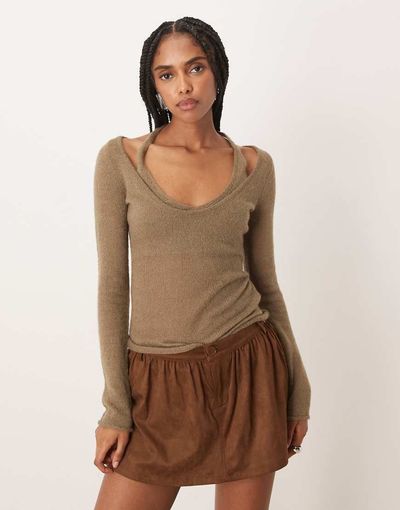 Motel Motel Misora sheer knit long sleeve halter top in taupe-Neutral