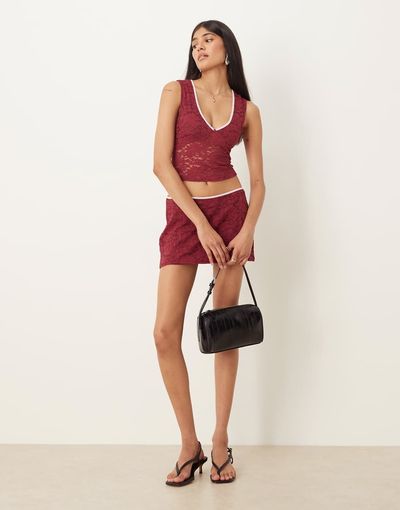 Motel Motel Nidya lace mini skirt in burgundy - part of a set-Red
