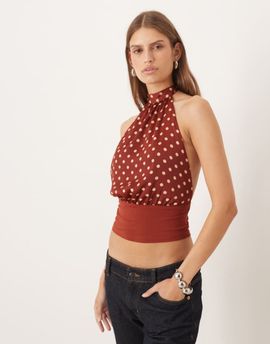 Motel Motel Rania tie neck polka dot top in burnt red