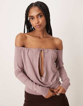 Motel Motel Sore off shoulder long sleeve top in dusty mauve-pink