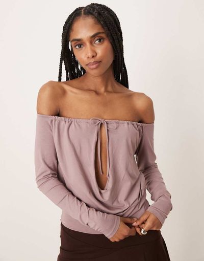 Motel Motel Sore off shoulder long sleeve top in dusty mauve-pink