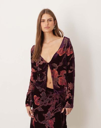Motel Motel Sukita long sleeve floral top in burgundy-Red