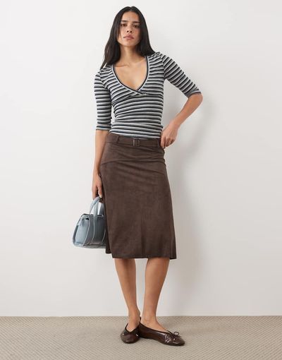 Motel Motel Suzu faux suede buckle midi skirt in dark brown
