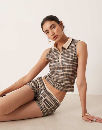 Motel Motel tisuka polo top in vintage style sequin plaid - part of a set-Multi