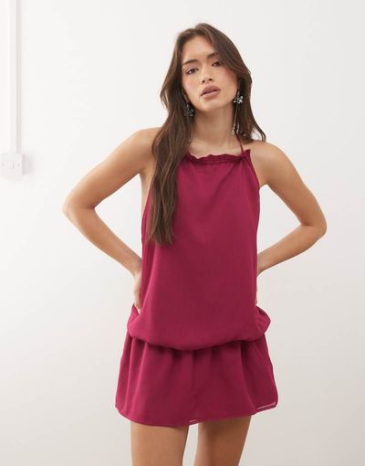 Motel Motel Veloria high halter neck dropped waist dress in dark rose-pink