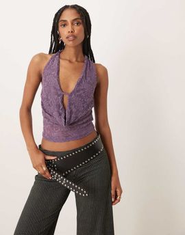 Motel Motel Yukari jacquard floral plunge halter top in purple