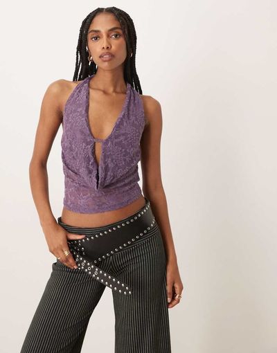 Motel Motel Yukari jacquard floral plunge halter top in purple