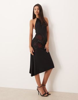 Motel Motel Zavine halter asymmetric dress with flower diamante detail in black