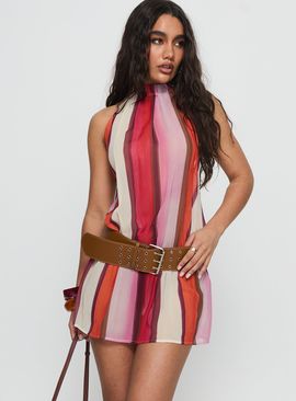 Motel Veloria Halter Mini Dress Pink Stripe