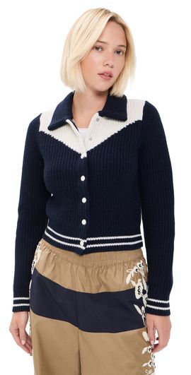 MOTHER MOTHER The Baby Raquette Cardigan Navy And Ivory