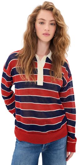 MOTHER MOTHER The Biggie Raquette Knit Tee Red And Navy Stripe
