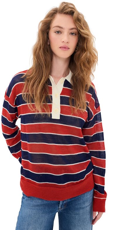 MOTHER MOTHER The Biggie Raquette Knit Tee Red And Navy Stripe