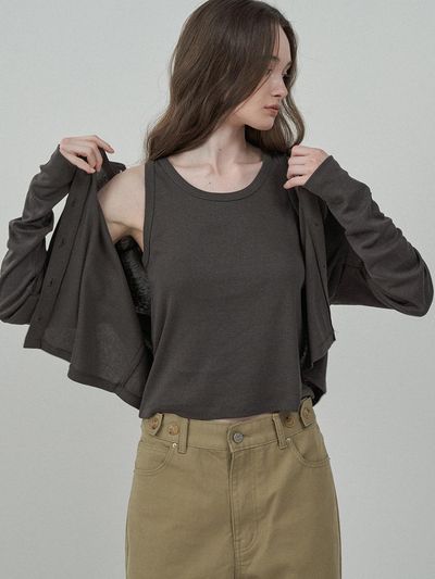 MOTT Silket Two-Way Cardigan Set T-Shirts [Brown]