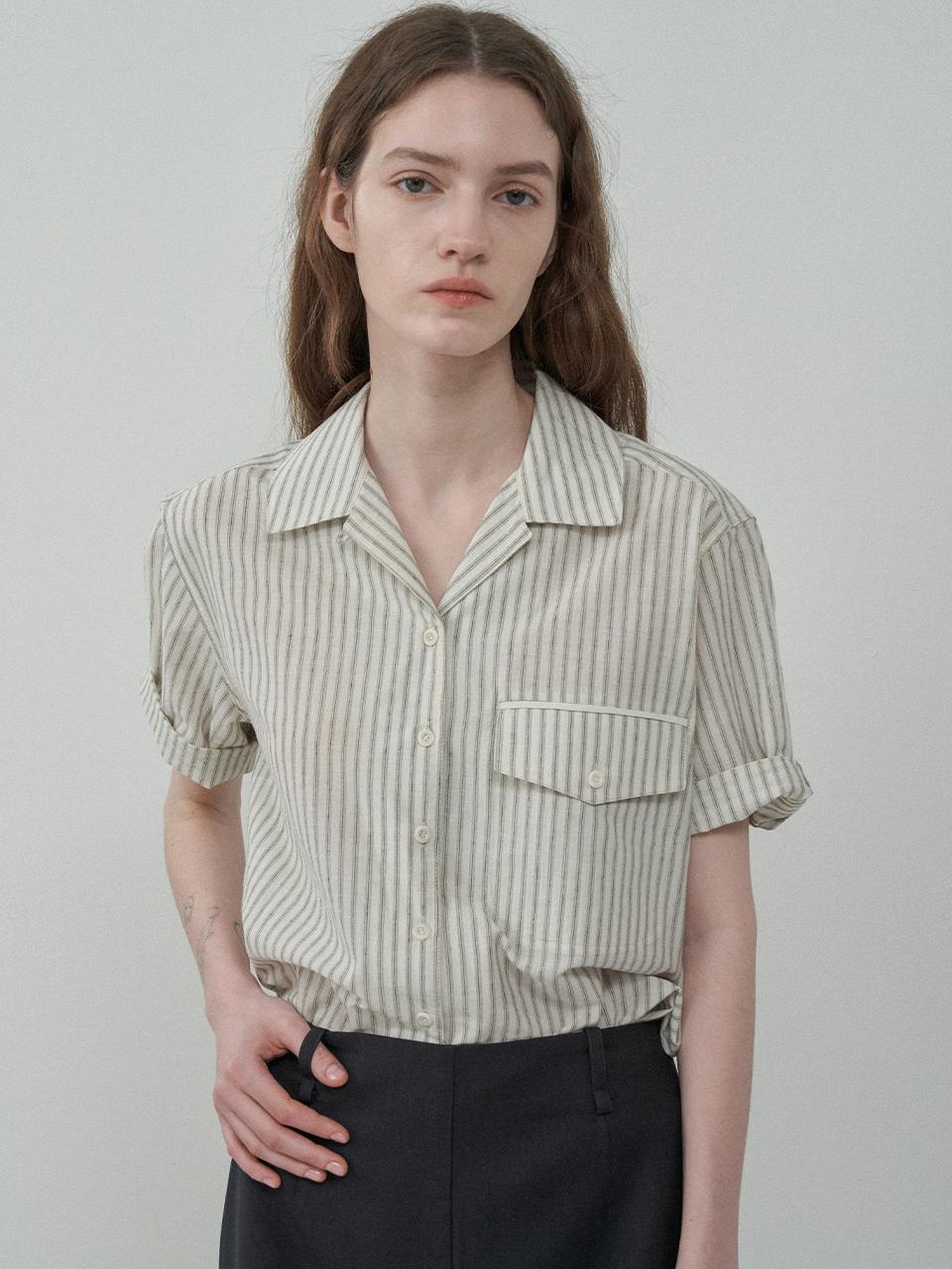 MOTT Striped Open Collar Half Shirt [Gray]