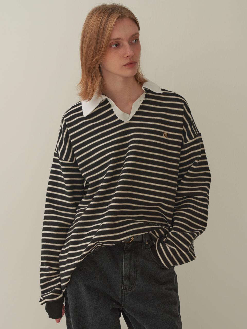 MOTT V-neck Collar Stripe Tee - Black