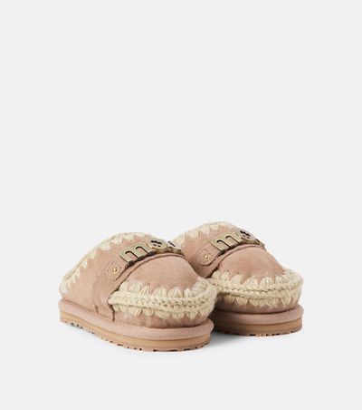 Mou Kids Mou Kids Embroidered shearling-lined suede slippers