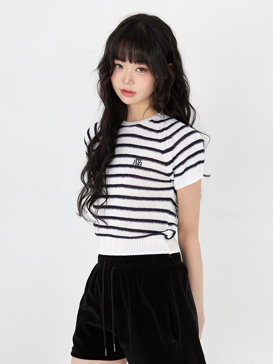 muahmuah Boucle Stripe Raglan Short-Sleeve Knit Sweater [3 colors]