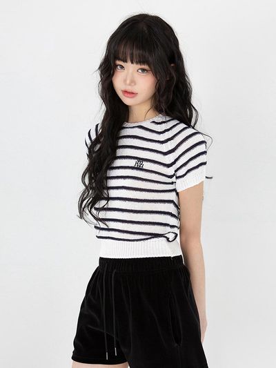 muahmuah Boucle Stripe Raglan Short-Sleeve Knit Sweater [3 colors]