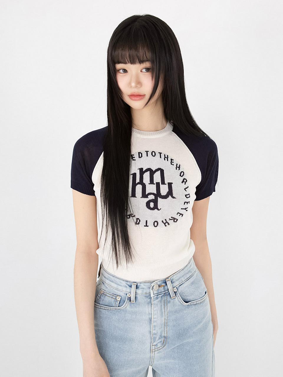 muahmuah Jacquard Logo Raglan Short-Sleeve Knit Sweater