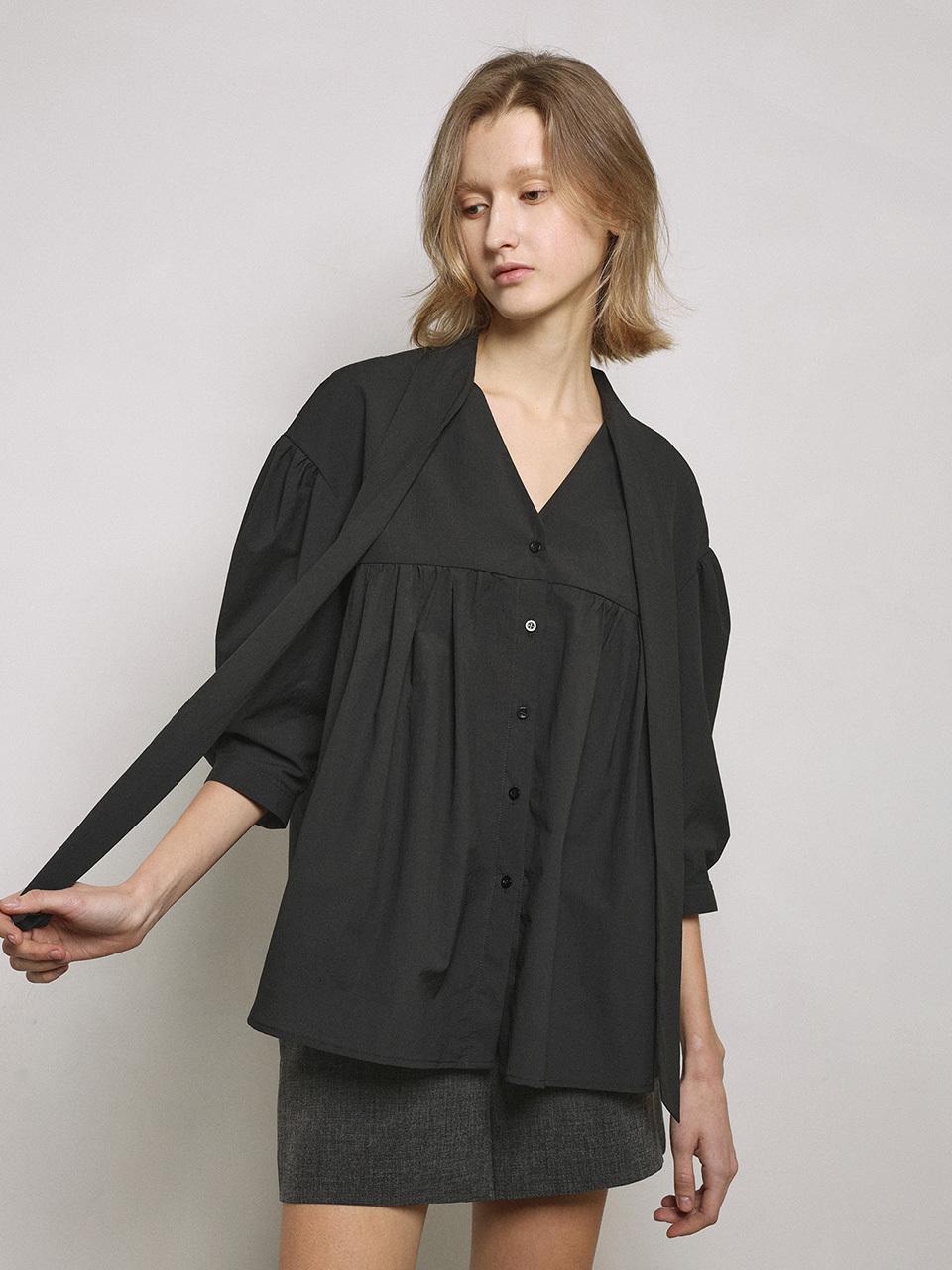 mu:arvo Crisp Volume Tie Blouse [Charcoal]