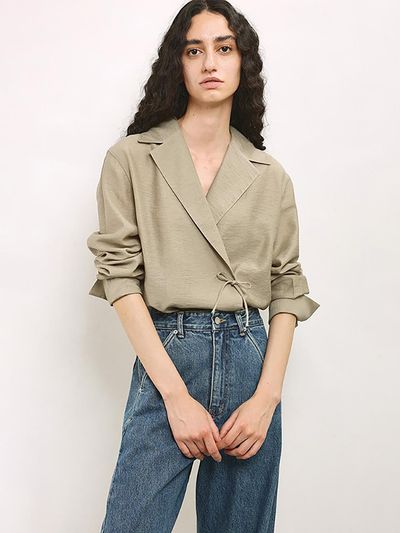 mu:arvo Relaxed Fit Bow Blouse [Khaki Beige]