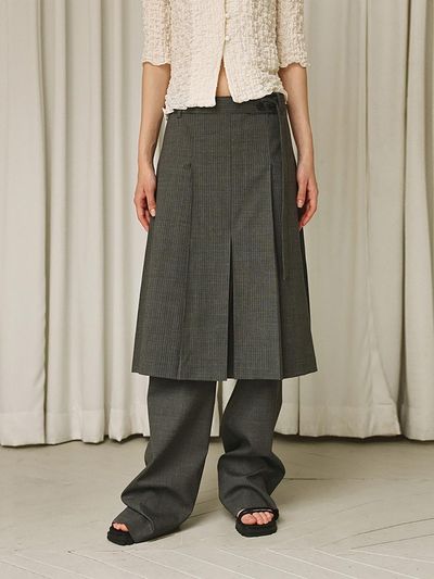 mu:arvo Striped Belted Pleated Skirt [Grey]