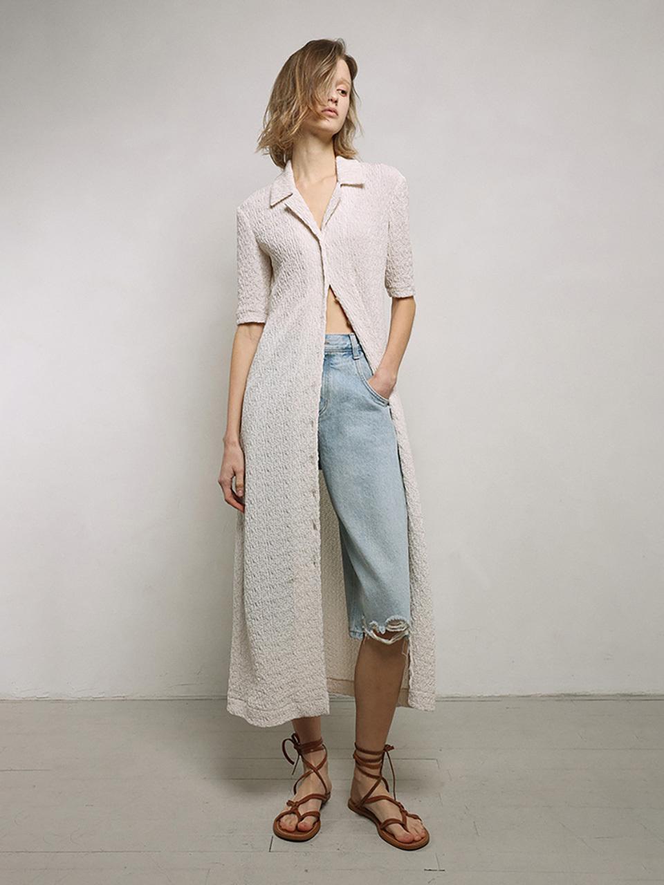 mu:arvo Textured Front-Open Maxi Dress [Cream Beige]