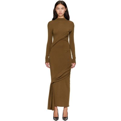 Mugler Mugler Khaki Draped Turtleneck Maxi Dress