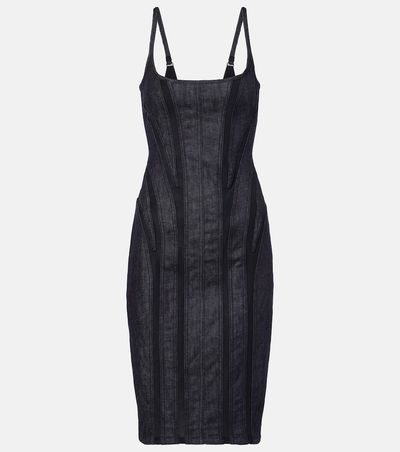 Mugler Mugler Mesh-trimmed denim midi dress