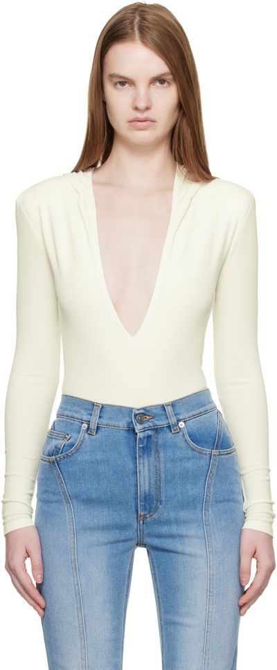 Mugler Mugler Off-White Hooded V-Neck Bodysuit