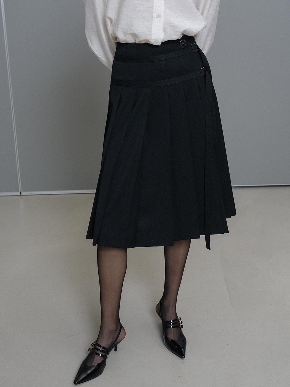 mumuteng Belt Pleated Skirt [Black]