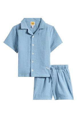 MUMZERS MUMZERS Kids' Blue Cotton Muslin Camp Shirt & Drawstring Shorts Set 