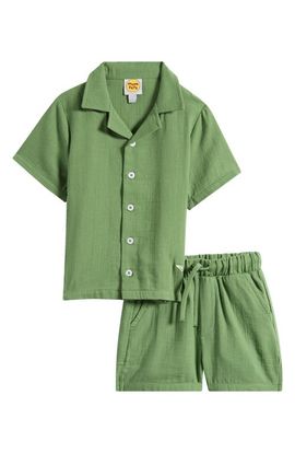 MUMZERS MUMZERS Kids' Green Cotton Muslin Camp Shirt & Drawstring Shorts Set 