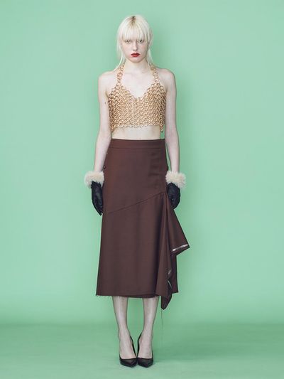 MUNN ASYMMETRIC DRAPED RAW CUT SELVEDGE MIDI SKIRT