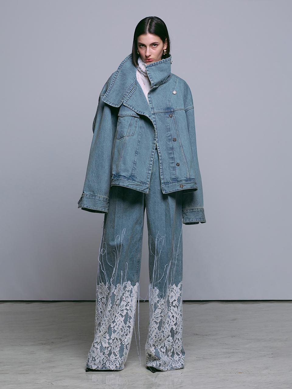 MUNN Beltless Gradient Lace Wide Biker Pants [Blue]