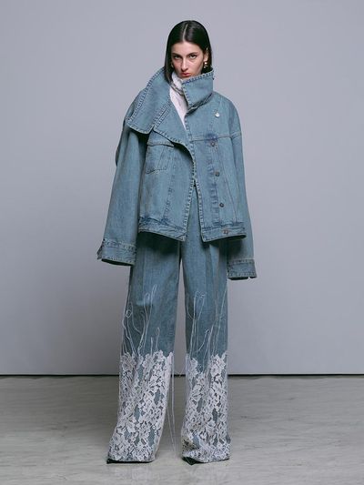 MUNN Beltless Gradient Lace Wide Biker Pants [Blue]