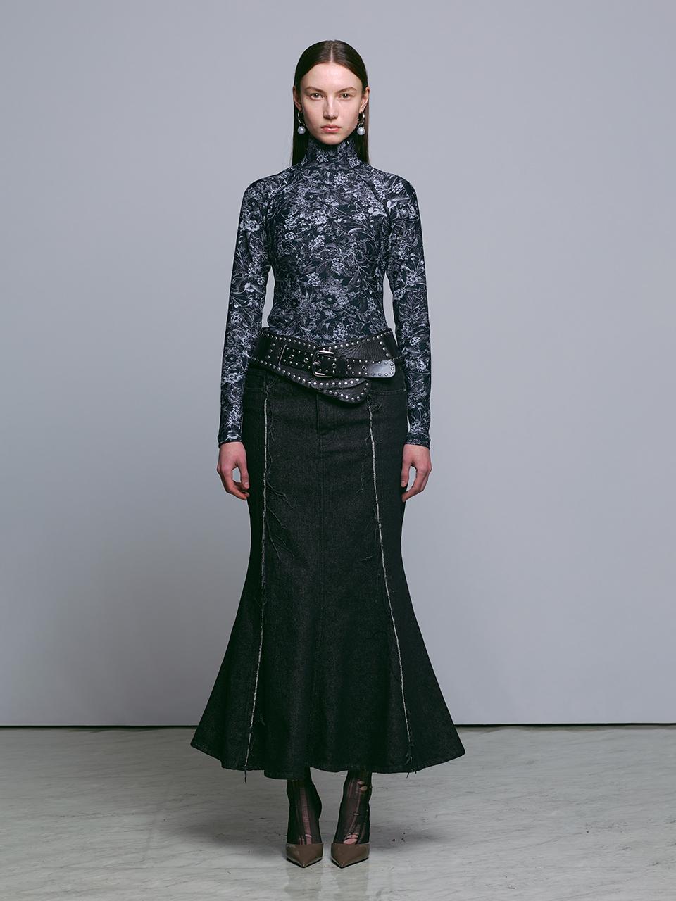 MUNN BLACK RAW CUT MERMAID DENIM SKIRT
